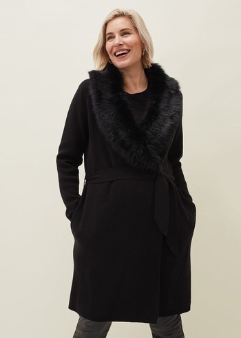 Phase Eight Edessa Fur Collar Wrap Coats Black Australia | BP2368054